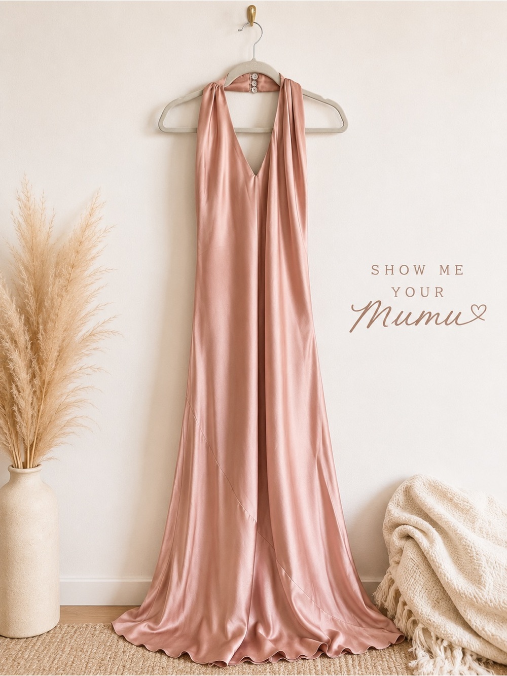 Show Me Your Mumu Blush Satin Halter Maxi Dress Open Back Formal Gown Medium